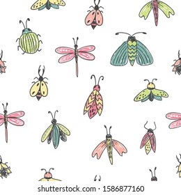 Hand drawn butterflies, dragonflies and bugs seamless pattern. Vector illustration drawn in childish style like colorful doodle. Perfect for nursery design