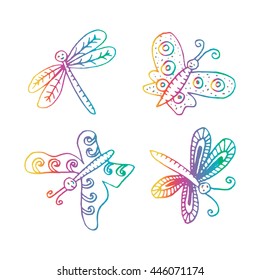  Hand drawn butterflies and dragonfly.