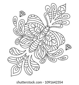 Hand drawn butterflies With floral design for the anti stress coloring page. Design elements label, emblem, poster, t-shirt. Vector illustration