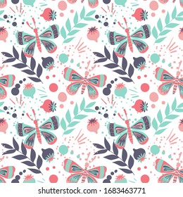 Hand drawn Butterflies with floral motifs, seamless pattern