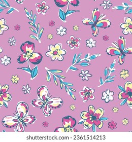 Hand Drawn Butterflies and flowers seamless pattern illustration vector design print for textile