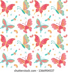 Hand drawn Butterflies, insect, flowers and plant Seamless Pattern isolated on white Background - Vector Illustration