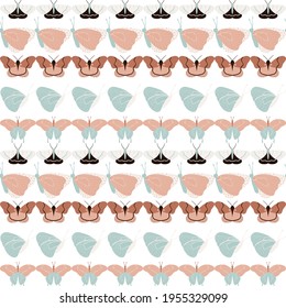 Hand drawn butterflies pattern in brown, green and white. Can be used for fashion graphics such as T-shirt prints leggings pajamas fabrics or for home decor such as wallpapers tablecloths bedclothes.