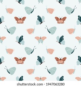 Hand drawn butterflies pattern in white green and brown. Can be used for fashion graphics such as T-shirt prints leggings pajamas fabrics or for home decor such as wallpapers tablecloths bedclothes.