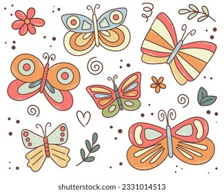 Hand drawn butterflies retro style. Cute moths baby collection. Butterfly, flower, leaf, foliage isolated doodle, vector illustration
