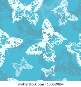 Hand drawn butterflies seamless pattern in fresh blue and white tones