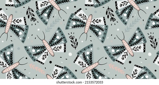Hand drawn butterflies seamless pattern. Scandinavian flying insect print. Butterfly and flowers endless wallpaper. Animal folklore motif. Folk style design for fabric, textile, wrapping, card