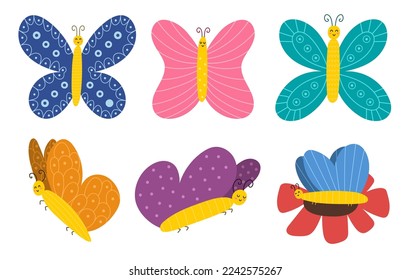 Hand drawn butterflies set. Cute insects in cartoon style for baby and kids design. Vector illustration