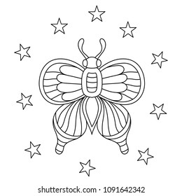 Hand drawn butterflies With stars for the anti stress coloring page. Design elements label, emblem, poster, t-shirt. Vector illustration