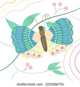 Hand drawn butterfly and blooming flowers on white background. Elegant floral arrangement with colorful. Vector illustration.