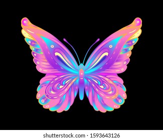 Hand drawn butterfly in bright neon colors.  Han drawing design for t-shirt print or tattoo. Isolated vector illustration. 