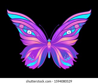 Hand drawn butterfly in bright neon colors.  Han drawing design for t-shirt print or tattoo. Isolated vector illustration. 