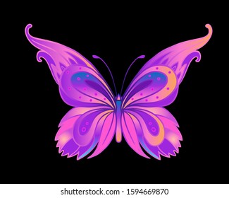 Hand drawn butterfly in bright neon colors.  Han drawing design for t-shirt print or tattoo. Isolated vector illustration. 