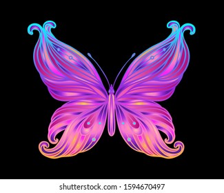 Hand drawn butterfly in bright neon colors.  Han drawing design for t-shirt print or tattoo. Isolated vector illustration. 