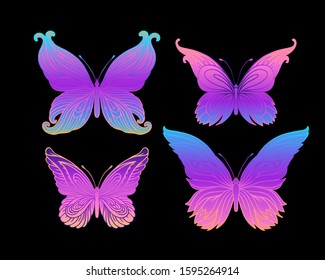 Hand drawn butterfly in bright neon colors.  Han drawing design for t-shirt print or tattoo. Isolated vector illustration. 