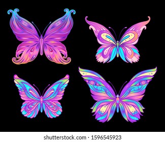 Hand drawn butterfly in bright neon colors.  Han drawing design for t-shirt print or tattoo. Isolated vector illustration. 