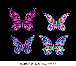 Hand drawn butterfly in bright neon colors.  Han drawing design for t-shirt print or tattoo. Isolated vector illustration. 