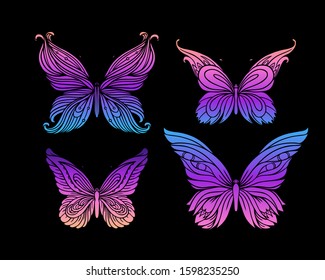 Hand drawn butterfly in bright neon colors.  Han drawing design for t-shirt print or tattoo. Isolated vector illustration. 