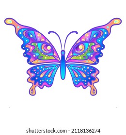 Hand drawn butterfly in bright neon colors.  Han drawing design for t-shirt print or tattoo. Isolated on white vector illustration. Sticker, patch, poster graphic design.