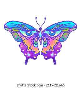 Hand drawn butterfly in bright neon colors.  Han drawing design for t-shirt print or tattoo. Isolated on white vector illustration. Sticker, patch, poster graphic design.