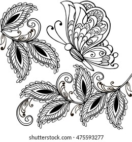 Hand drawn Butterfly and decorative leaves adult anti stress coloring pages, t-shirt print. Boho, henna tattoo design.