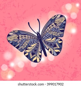 Hand drawn butterfly for design, icons, logo, print or else. Vector illustration with bokeh.