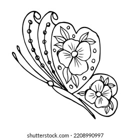 Hand drawn butterfly doodle element for coloring, invitation, postcard.