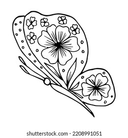 Doodle de mariposa dibujado a mano para colorear, invitación, postal.