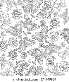 Hand drawn butterfly and flower background . Isolated on white. anti stress Coloring Page Vector monochrome sketch.