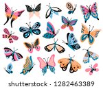 Hand drawn butterfly. Flower butterflies, moth wings and spring colorful flying insect. Drawing flying papillon butterfly isolated vector collection