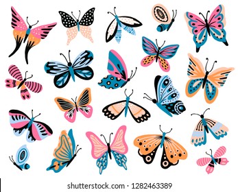 Hand drawn butterfly. Flower butterflies, moth wings and spring colorful flying insect. Drawing flying papillon butterfly isolated vector collection