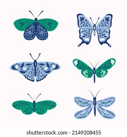 Hand drawn butterfly. Flower butterflies, moth wings and spring colorful flying insect. Drawing flying papillon butterfly isolated vector collection