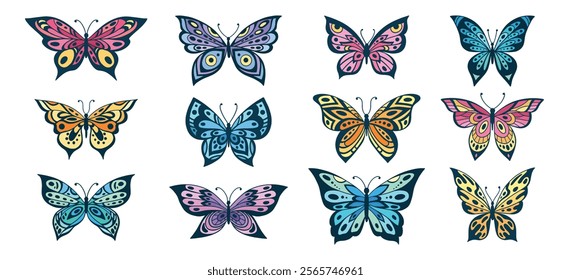 Hand drawn butterfly. Flower butterflies, moth wings and spring colorful flying insect. Drawing flying papillon butterfly isolated vector collection on white background.