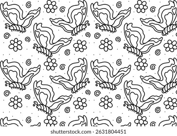Hand drawn butterfly and flower outline vector background. Wall decoration, wrapping paper, editable