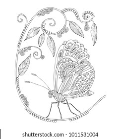 Hand drawn butterfly and flower. Sketch for anti-stress adult coloring book in zen-tangle style. Vector illustration for coloring page.