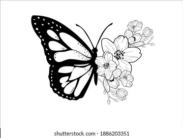 Hand drawn butterfly  and flowers design