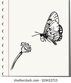 Hand Drawn Butterfly Fly On A Flower