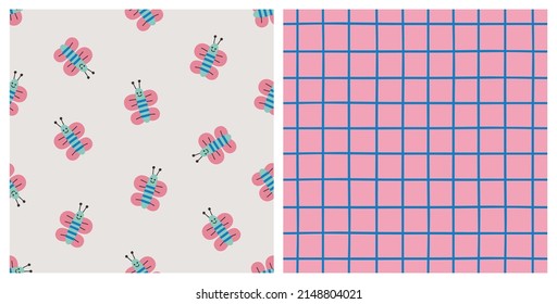 Hand drawn of butterfly and grid seamless pattern
