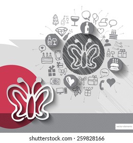 Hand drawn butterfly icons with icons background. Vector illustration