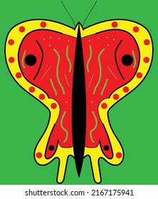 A hand drawn butterfly illustration, red and yellow and green colors, simple kids style drawing for butterfly, can be used as an icon and sign and banner, good for character and book cover design