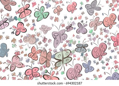 Hand drawn butterfly illustrations background, good for graphic design, wallpapers or booklets. Cartoon style vector graphic.
