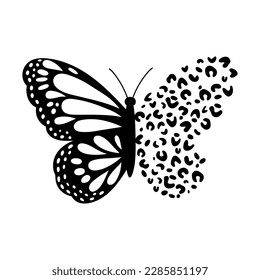 Mariposa dibujada a mano con huella de leopardo. Silhouette de mariposa negra. Ilustración vectorial aislada en fondo blanco. Diseño para invitaciones, bodas o tarjetas de felicitación.
