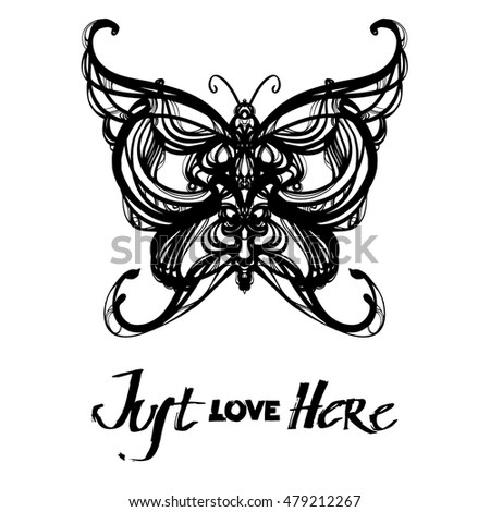 Hand Drawn Butterfly With Lettering JUST LOVE HEREElement For T Shirt Design Or