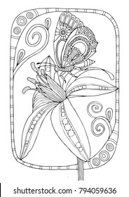 Hand drawn butterfly on a bloom in ornamental frame. Sketch for anti-stress adult coloring book in zen-tangle style. Vector illustration for coloring page.