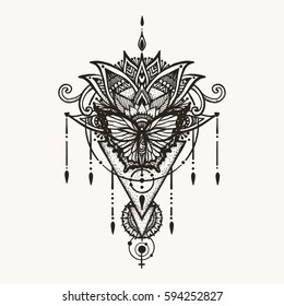 Hand drawn butterfly on boho flowers with geometric symbol of female and astrology for woman back tattoo, T-Shirt design and other design element. Stock Vector