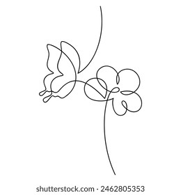 Mariposa dibujada a mano en Vector de flores. Icono de contorno lineal. Línea de dibujo continuo. Diseño floral, impresión botánica, tarjeta, cartel de arte de la pared, logotipo, garabato, símbolo. Abstractas ilustración de dibujos animados.