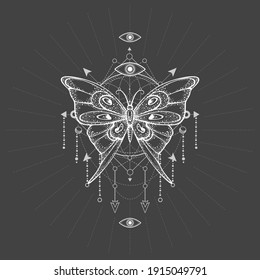 Hand drawn butterfly and Sacred geometric symbol on black background. Abstract mystic sign. White linear shape.