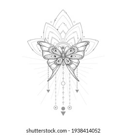 Hand drawn butterfly and Sacred geometric symbol on white background. Black linear shape.