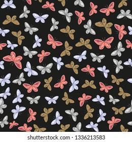 Hand drawn butterfly seamless pattern. Vector. Botanical floral decoration texture. Tropical wallpaper. Beautiful floral print. Vintage floral pattern. Kids background.
