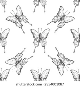 Hand drawn butterfly seamless pattern. Monochrome insects doodle. Black and white vintage elements. Vector sketch. Detailed retro style.